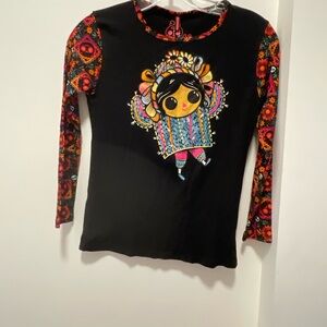 NWT Black Long Sleeve Tee with Cartoon Graphic and Patterned Sleeves